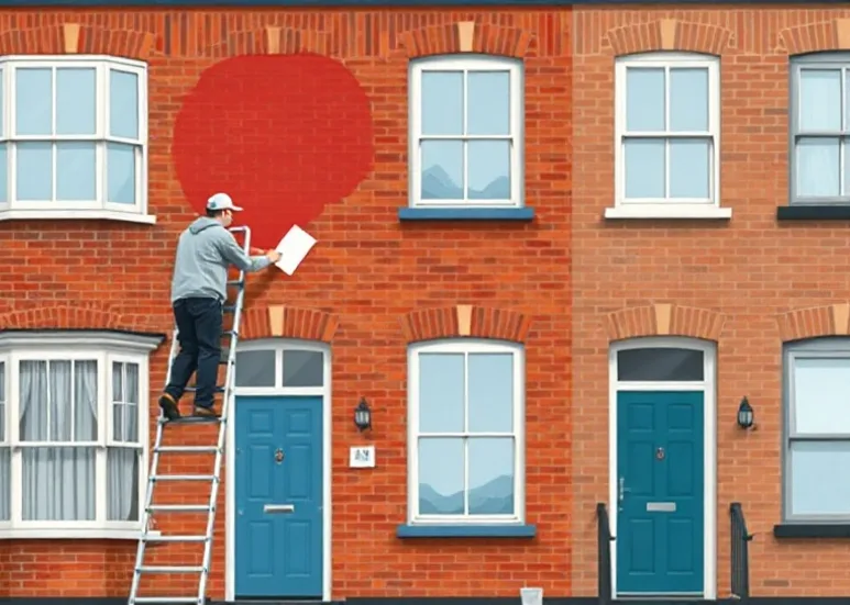 Peintre sur échafaudage traitant la façade d'une maison