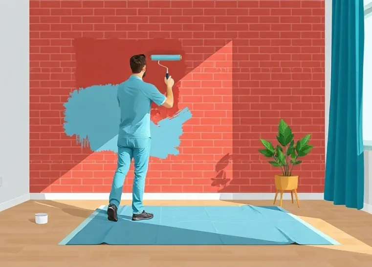 Peintre appliquant la peinture au rouleau sur un mur de salon